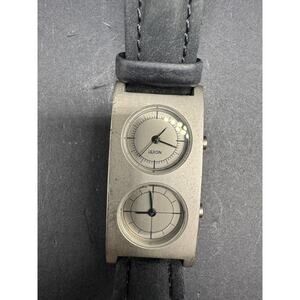 LEXON Jet Time Design Marc Berthier Silver Tone Black Genuine Leather Band
